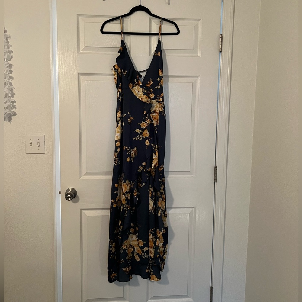 Satin floral print high low maxi dress